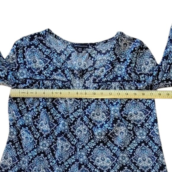 American Eagle Gauzy Babydoll Boho Peasant Blue Paisley Mini Dress - Picture 9 of 14